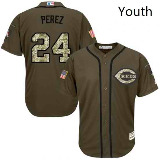 Youth Majestic Cincinnati Reds 24 Tony Perez Replica Green Salute to Service MLB Jersey